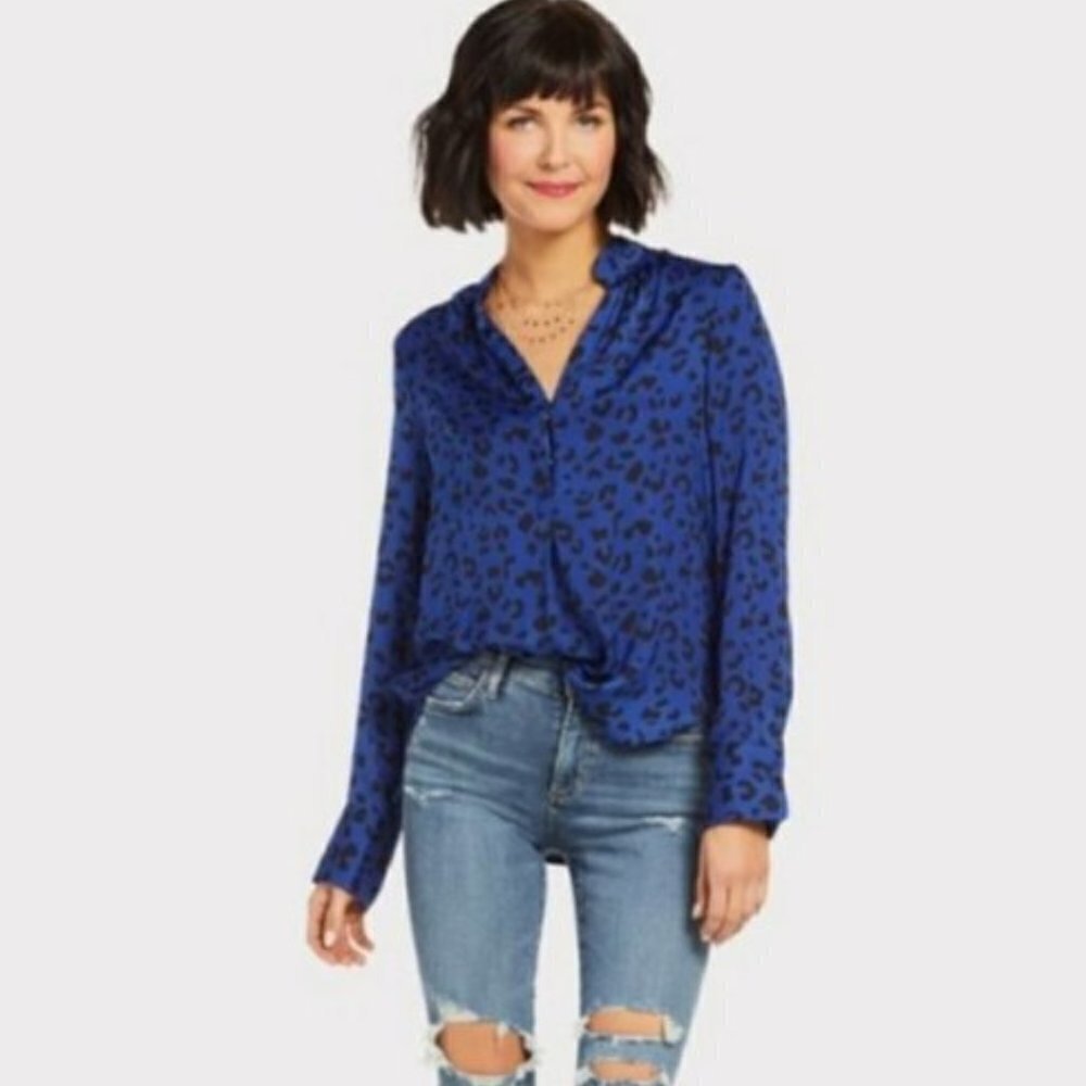 David Lerner Leopard Mandarin Collar‎ Blouse Blue Black XS
